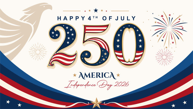 Happy 4th of July 2026 Banner Template with Patriotic American Typography, Fireworks and USA Flag Ribbon for Independence Day Celebration Design