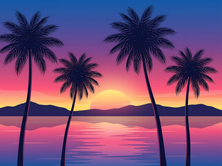 Obraz premium Tropical sunset beach with palm trees silhouette and ocean mountains