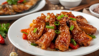Fototapeta premium Spicy salt pork ribs on a white plate, Cambodian fish, Asian style.