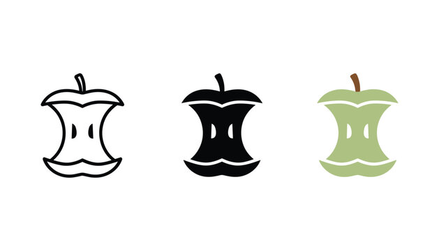 Apple core fruit waste icon set featuring outline solid black and flat color styles for food sustainability recycling and organic waste management graphic design and environmental awareness projects