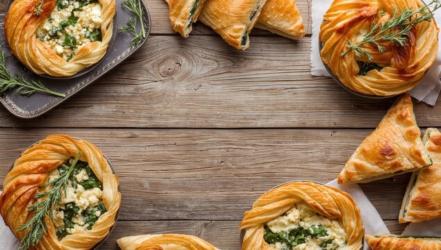 Spinach and cream cheese pastry pies. Overhead view.