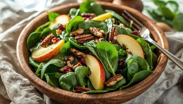 Spinach salad with apples, nuts, and dried berries.