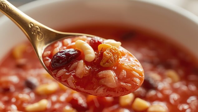 Spoonful of red rice porridge. Traditional Laba dish.