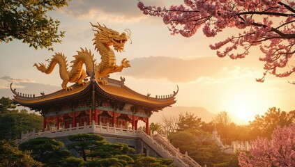 Obraz premium Statue of a dragon atop the temple.