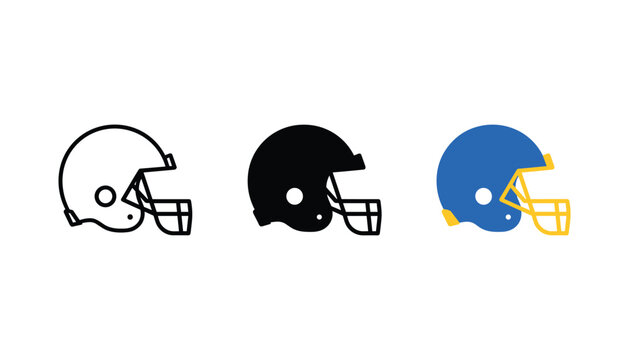American football helmet icons in outline solid and blue colored flat styles for sports equipment and team branding vector graphics