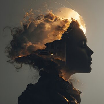 Surreal profile of a woman with golden clouds and ethereal smoke emerging from her mind
