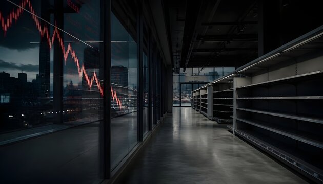 Corporate recession awareness background with empty supermarket shelves and red falling stock chart reflected on glass window