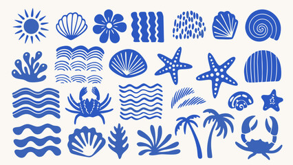 Collection of blue vector illustrations depicting marine life shells and botanical elements on a pale background aquatic coral crab decorative flora © Sujit