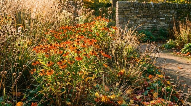 Vibrant orange Helenium autumnale sneezeweed flowers blooming in a golden sunlit autumn garden setting, creating a peaceful and picturesque seasonal landscape for nature lovers to enjoy outdoors.