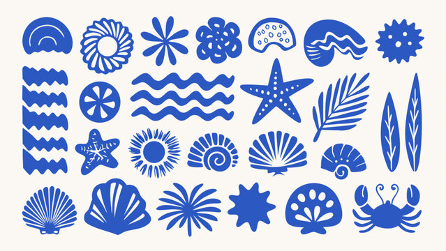Blue marine life and shell collection a solid fill vector illustration on a white background aquatic ocean sea seashell starfish coral
