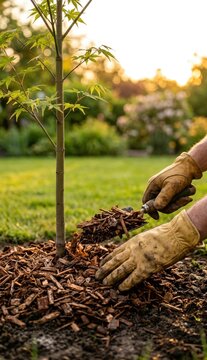 Gloved hands spreading mulch around young tree in garden
