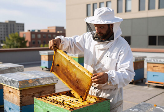 Urban Beekeeper Harvesting Honey on Rooftop