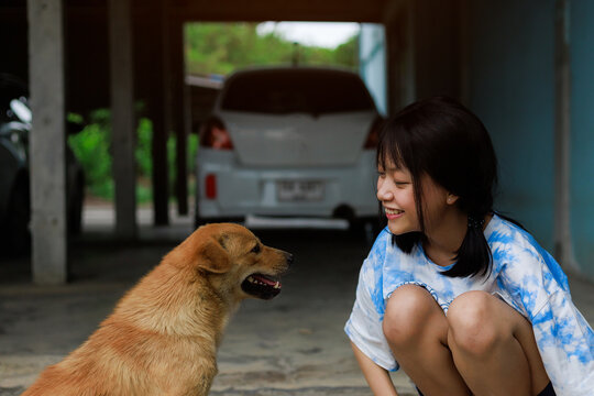 Happy Asian Girl Smiling Warmly at Her Cute Dog at Home