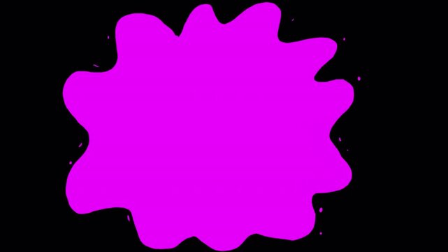 Video transition with colorful blots on a black background. A spreading stain fills the screen for scene changes. Simple shape animation with color fill in 4K.