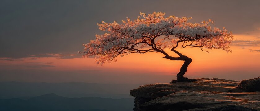 Sakura tree silhouette on cliff during warm sunset glow