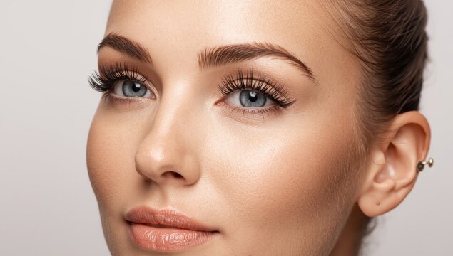 Stunning woman close-up post lash lamination and tinting on a light backdrop.