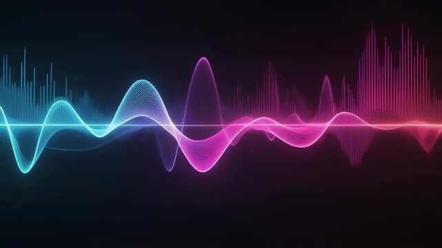 Vibrant neon soundwave animation with rhythmic pulses shifting from cool blue to warm pink light