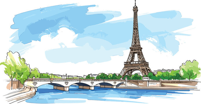 Eiffel Tower Paris Watercolor Style Vector Illustration with River Bridge Scenic French Landmark and Urban Travel Landscape Design