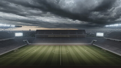 Fototapeta premium Stormy Skies Over Empty Stadium: A grand football stadium stands under a dramatic, cloudy sky, its field illuminated by artificial lights, creating a sense of anticipation and impending drama.