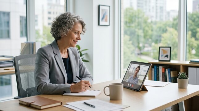 Career coach observing remote interview practice session in modern office