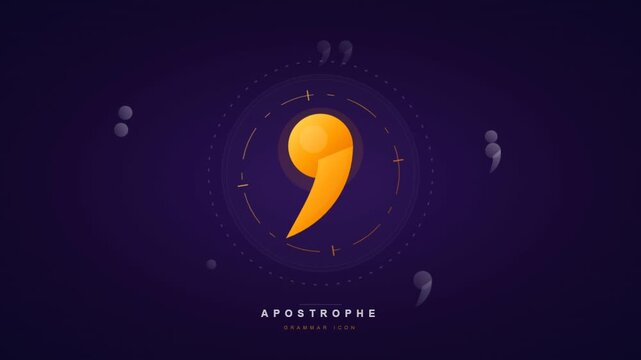 Animated Apostrophe Grammar Icon Floating in Futuristic Circular Interface