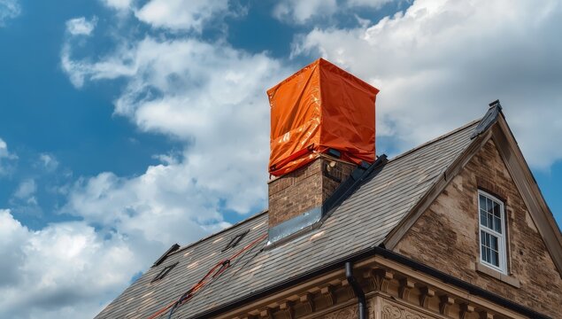 Tarpaulin tightly fastened to a chimney on a slate roof.