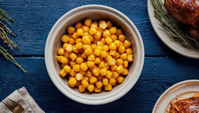 Tasty buttered corn in a bowl on a blue wooden surface.