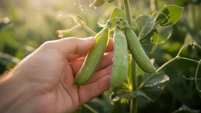 Fresh green peas being gently picked by hand in a sunlit vibrant garden with healthy pods