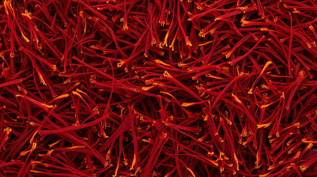 Detailed macro of scarlet saffron threads with golden stigma ends scattered across a dark luxury spice surface