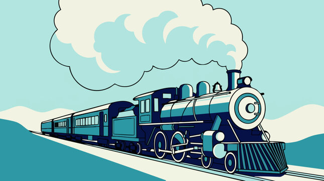 Stylized blue steam train illustration with large smoke cloud on tracks