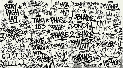 Seamless pattern of monochrome urban graffiti letters and hip hop street art doodles © Akhi Ayra