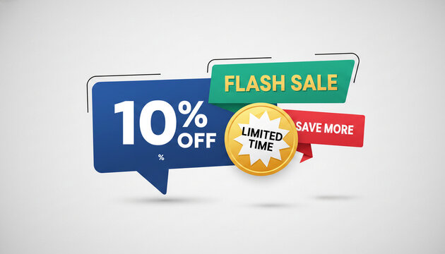 Vibrant graphic for a flash sale with "10% OFF", "LIMITED TIME", and "SAVE MORE" callouts, symbolizing a time-sensitive discount opportunity for consumers