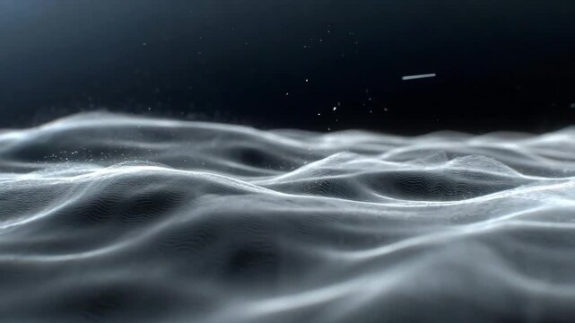 Flowing abstract wave landscape with subtle line style on dark background, concept of motion and digital energy