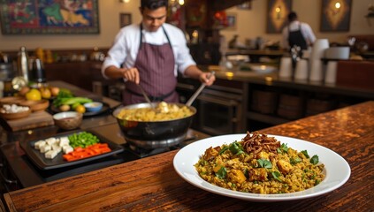 Obraz premium Vegetarian paneer rice dish, a favored Indian cuisine.