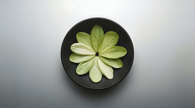 Bok Choy leaves arranged in a flower pattern on a black plate