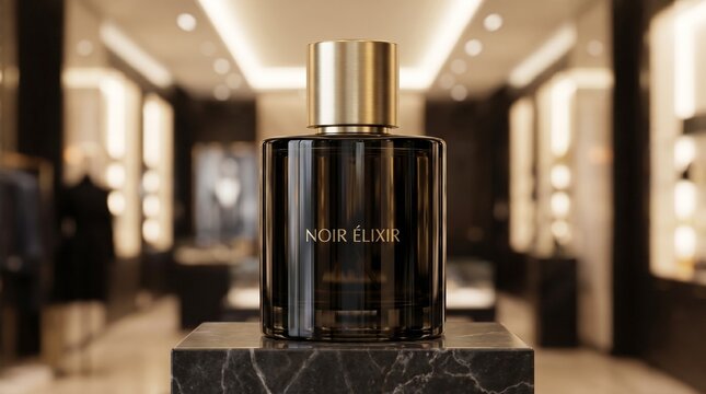A dark glass perfume bottle labeled noir elixir with a gold cap