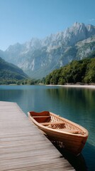 Obraz premium Bright sunlight illuminates a tranquil lake surrounded by towering mountains. A charming wooden boat sits peacefully on the dock, inviting exploration of the calm waters