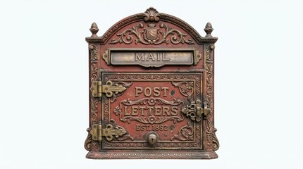 Fototapeta premium Vintage metal mailbox mounted on the wall, set against a white background.