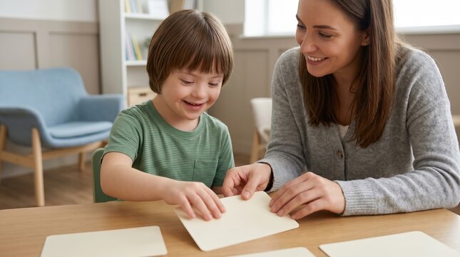 Speech therapist working with young boy with Down syndrome using flashcards