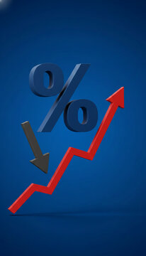 3D percentage symbol with rising red arrow and falling grey arrow on blue background, symbolizing financial growth and decline, market trend, analysis