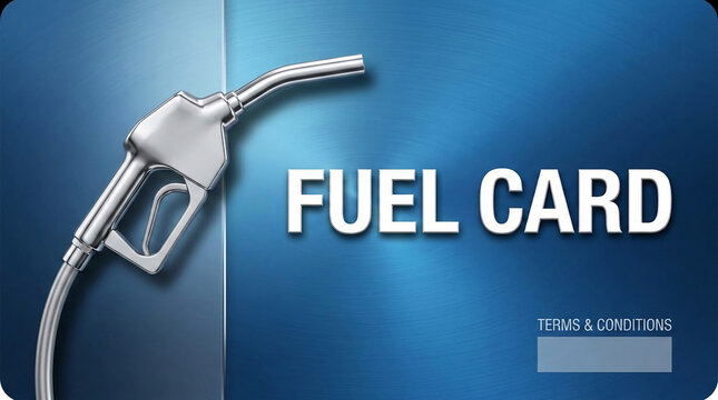 Chrome fuel nozzle on blue textured background with "FUEL CARD" text, representing transportation payment and service, with space for conditions.