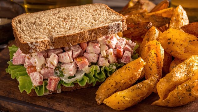 Wheat bread ham salad with lettuce and potato wedges.