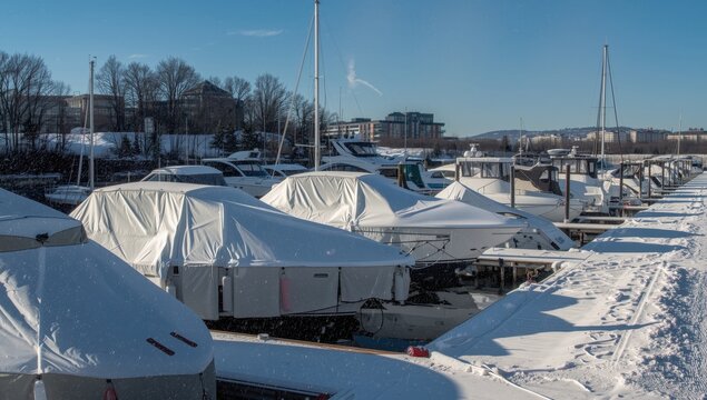 Winterized boats in dry docks, snow-laden yachts under tarps at a marina.