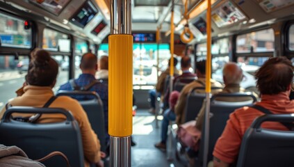 Fototapeta premium Yellow handle on bus rail indicates transit usage.