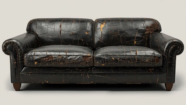 Worn dark faux leather couch with cracked upholstery.