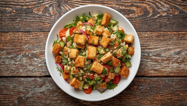 Tasty Arab salad with pita croutons, fresh veggies, and herbs on a white plate atop a wooden table, a simple and healthy Middle Eastern bread salad, top-down perspective.
