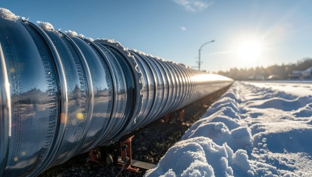 above-ground heating pipes covered with metal insulation on a sunny winter day
