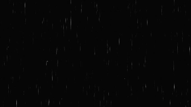 A realistic vector animation of vertical heavy rain streaks falling down against a solid black background. Perfect for cinematic weather effects, dark dramatic moods, or vintage film scratch textures 