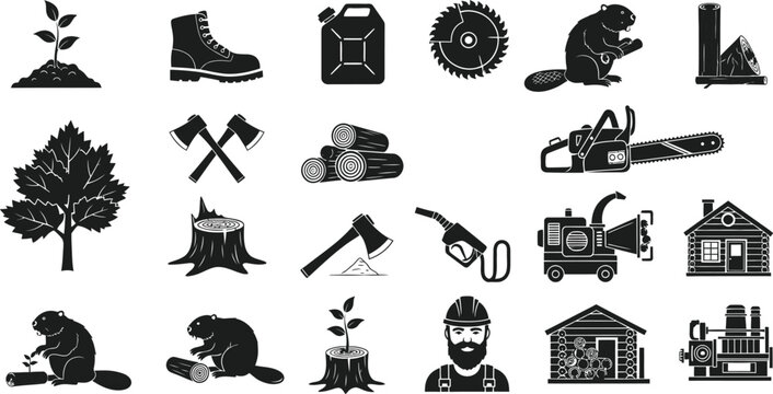 Set of black and white logging and forestry icons featuring tools equipment trees animals and industrial processing machinery
