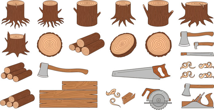 Set of wooden logs tree stumps lumber planks and carpentry tools for forestry and woodworking design vector illustration